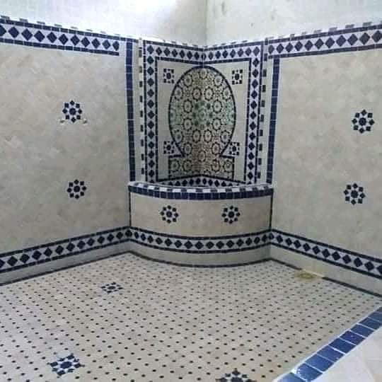 Angle fontaine en zellige, rosaces bleues