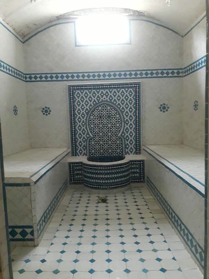 Hammam voûté, fontaine en zellige et banquettes